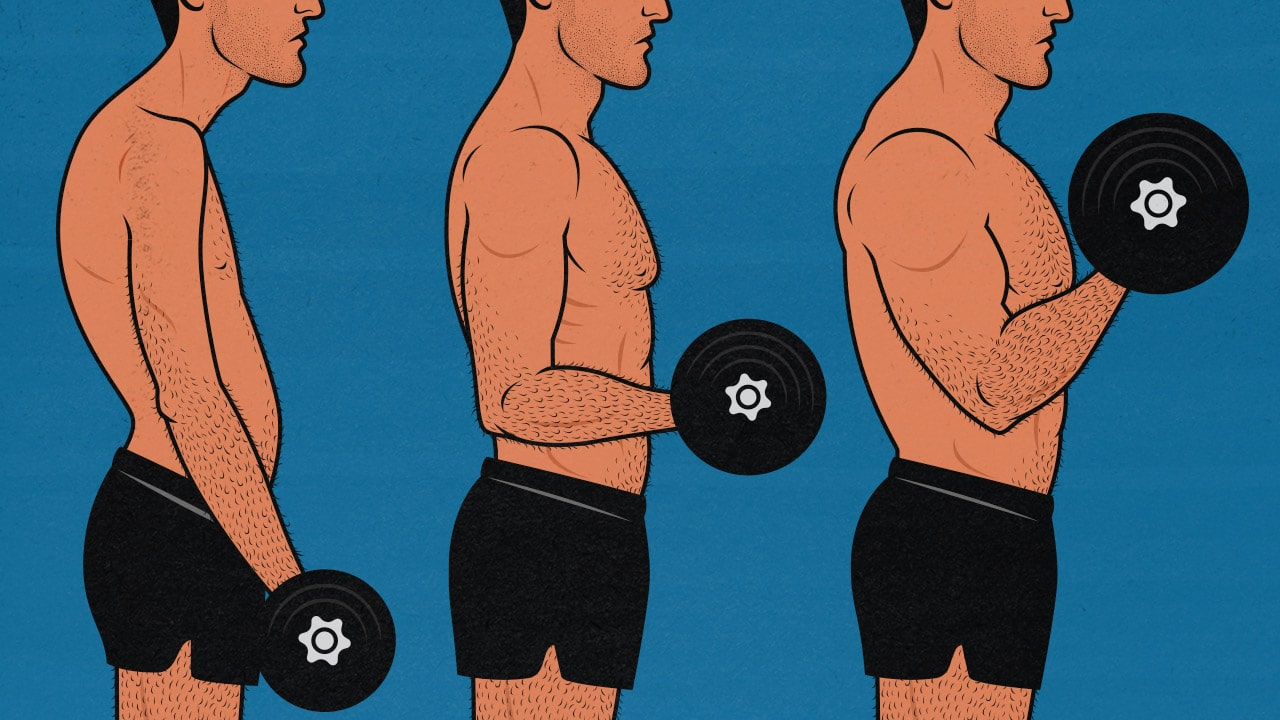 Illustration of a skinny beginner doing a 3-day full-body workout routine to build muscle and bulk up.