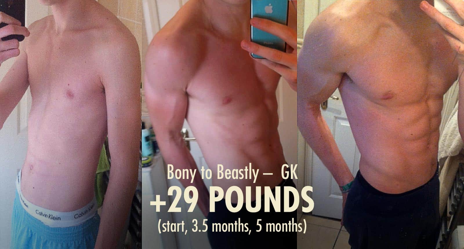 Before and after results of a skinny guy who bulked up using a 3-day full-body workout program.