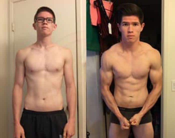 Before and after photo of a skinny beginner using A Workout Routine to bulk up.