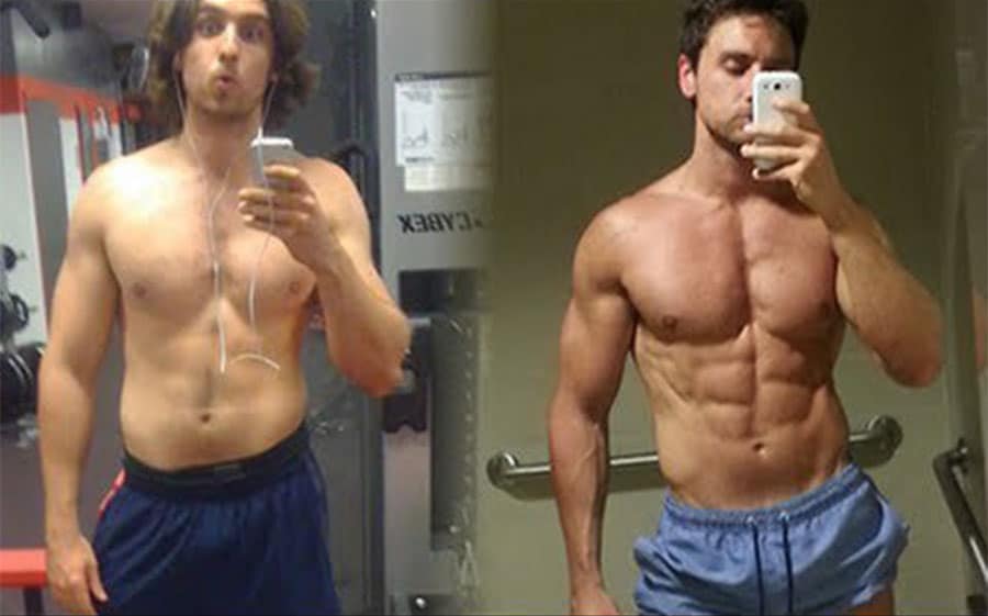 A before and after photo of Mike Matthews building muscle and losing fat.