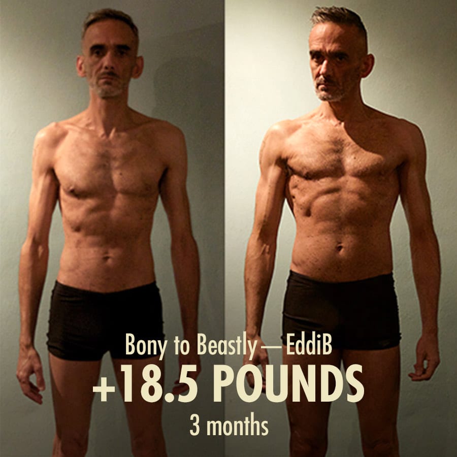 Before and after photos showing Eddi's bulking results from doing the Bony to Beastly Program at almost 60 years old.
