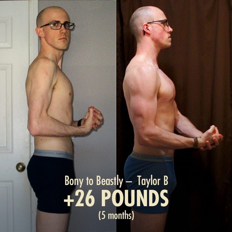 Before and after photos showing Taylor's bulking results.