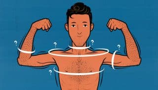 Illustration of a skinny guy measuring his body parts to see how much muscle he's built. Illustrated by Shane Duquette.