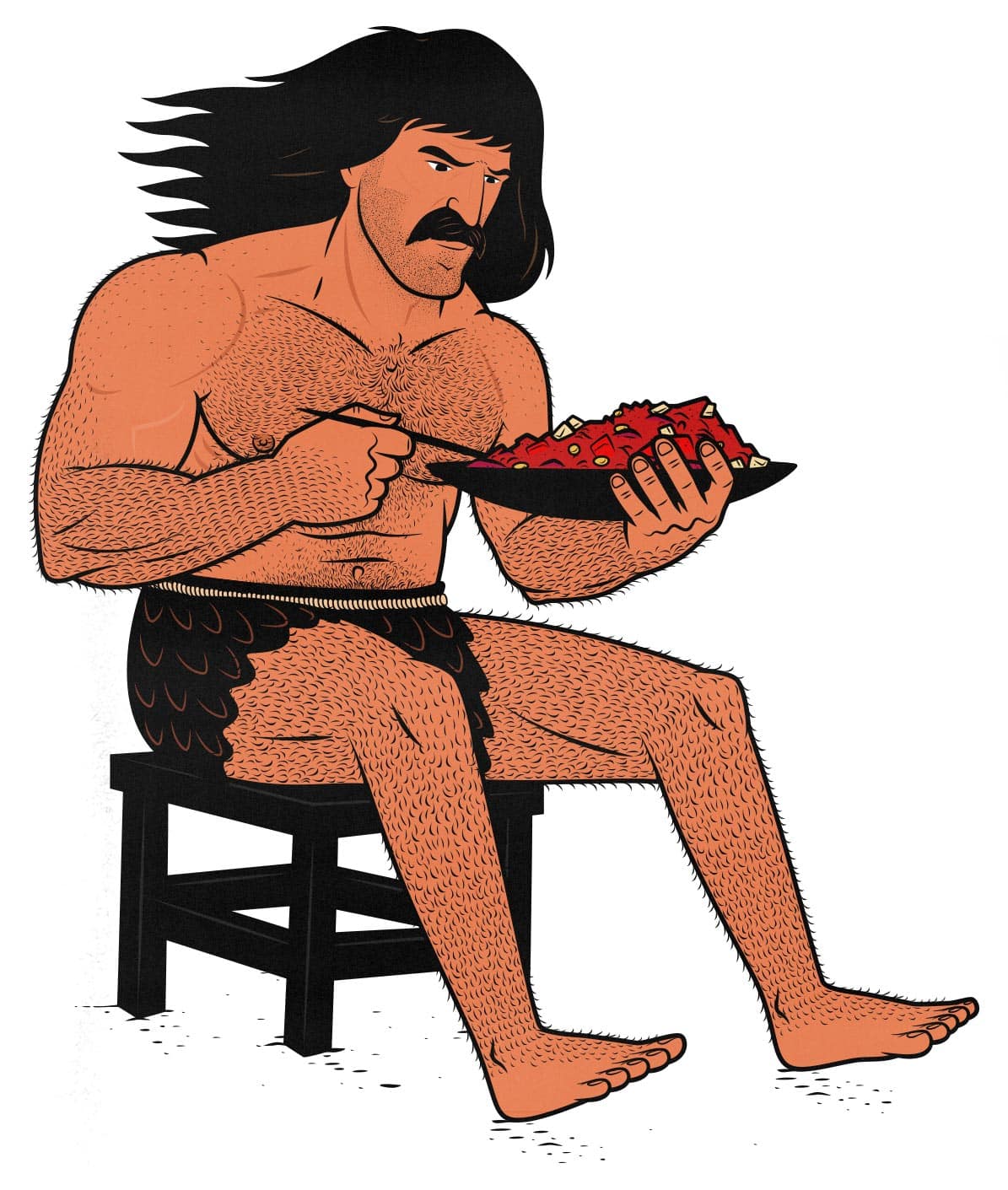 A man eating a big bulking diet to gain weight quickly. Illustrated by Shane Duquette.
