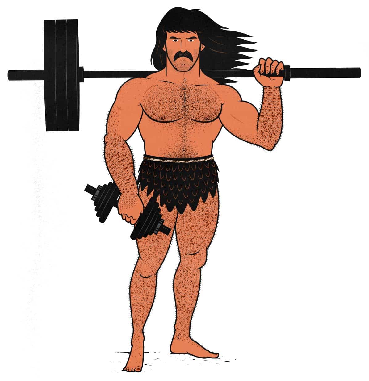 Illustration of a buff barbarian bulker lifting weights to build muscle and gain weight.
