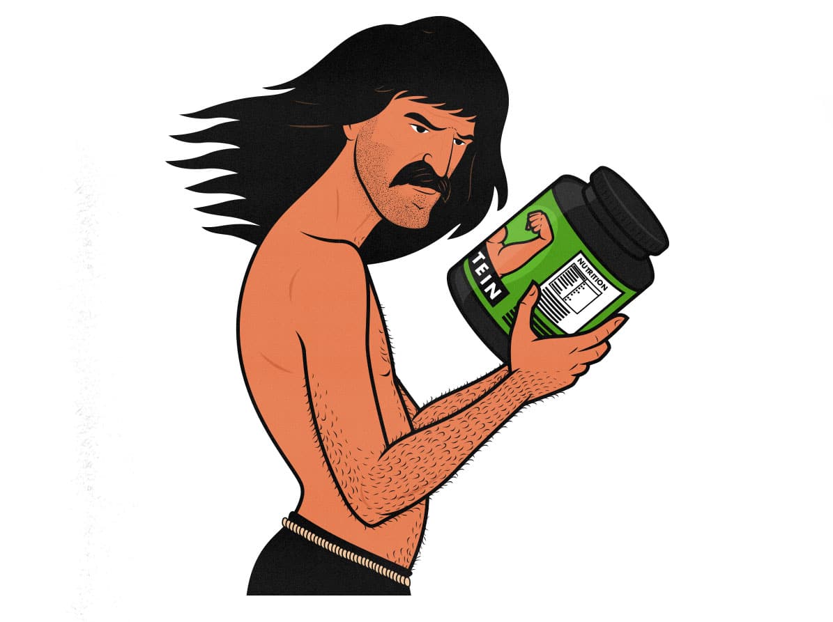 A skinny barbarian holding a muscle-building supplement tub, hoping it will help him build muscle faster.