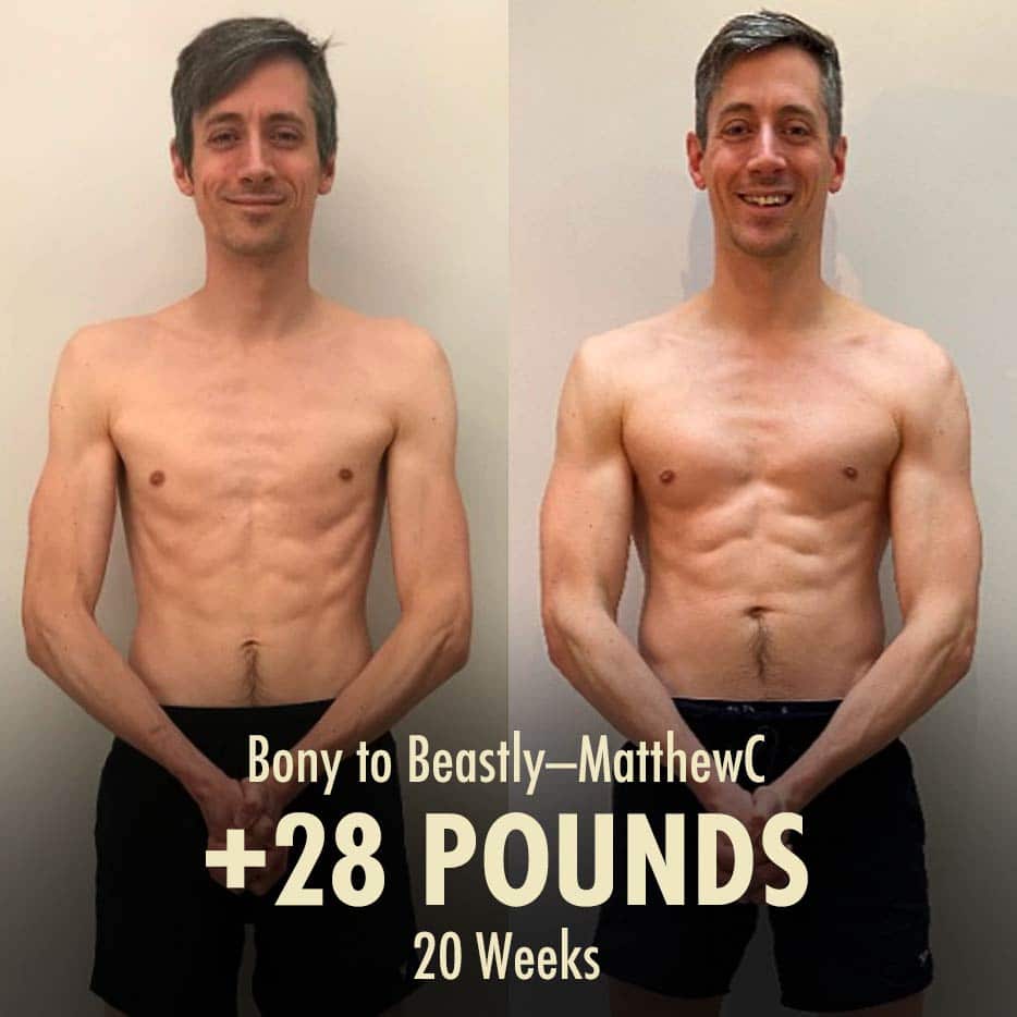 Before and after photo showing the results of a skinny guy bulking up fast, gaining 28 pounds in 20 weeks.