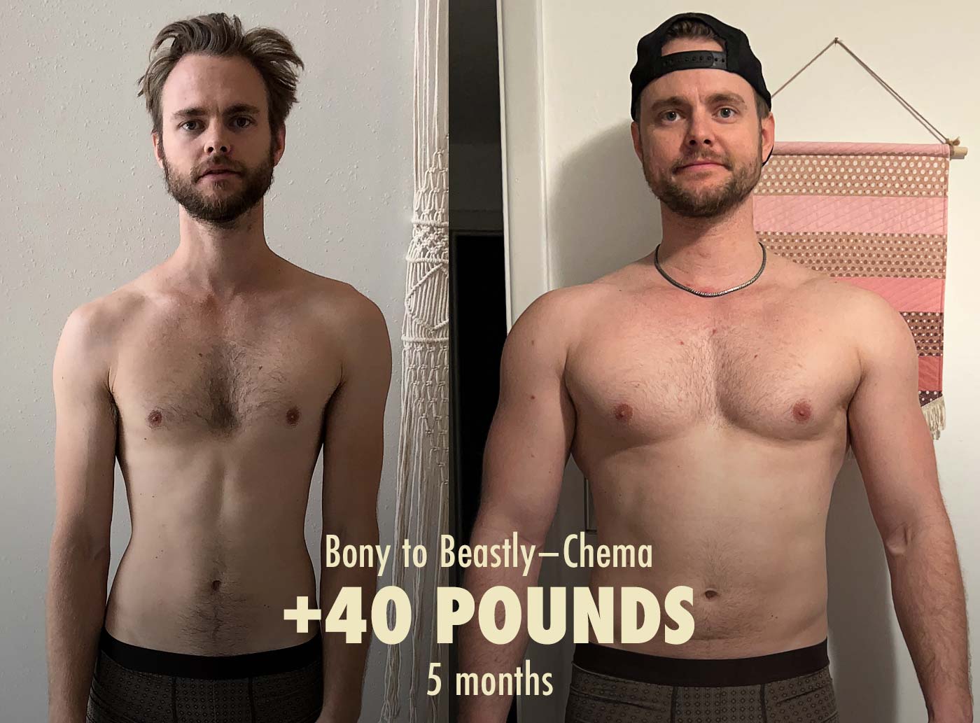 Before and after photo of a skinny guy bulking up fast.