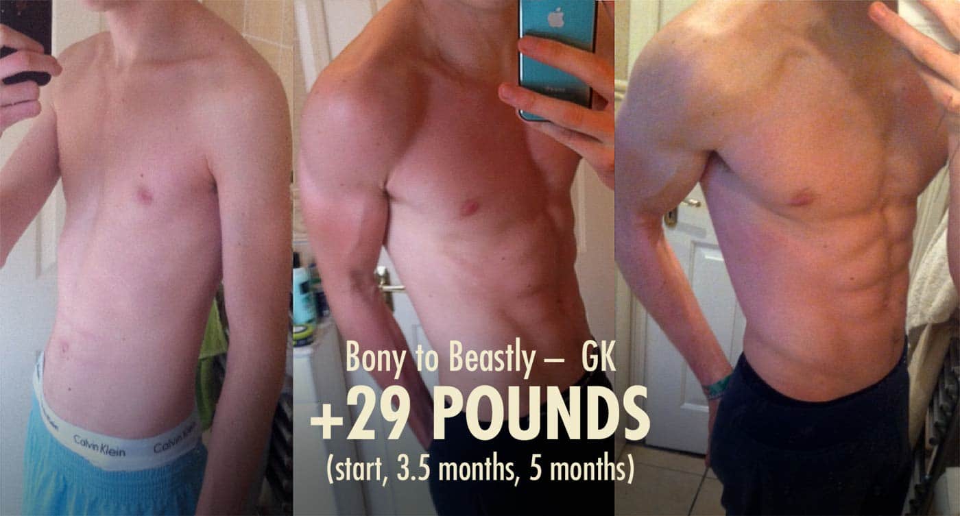 Progress photos showing a skinny guy bulking up quickly and leanly.