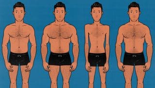 Men with different body shapes, levels of muscularity, and degrees of leanness. Illustrated by Shane Duquette.