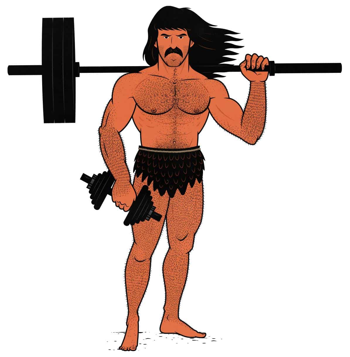A muscular man holding a barbell and a dumbbell in his home gym. Illustrated by Shane Duquette.