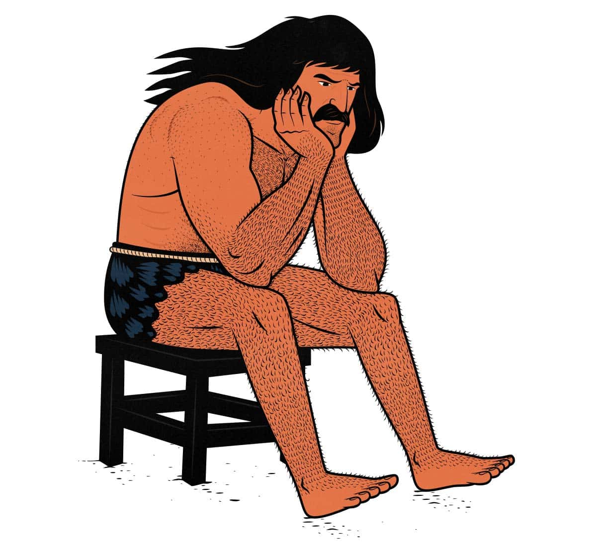 A barbarian wallowing in self despair after bulking up. Illustrated by Shane Duquette.