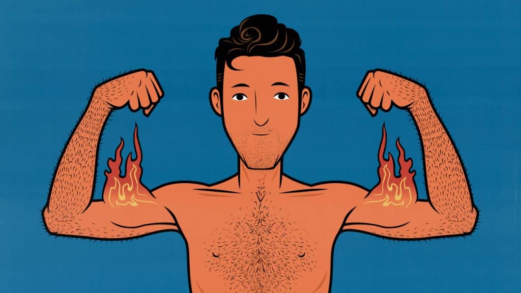 Illustration of a skinny guy with a fast metabolism flexing his burning biceps.