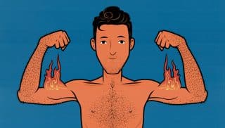Illustration of a skinny guy with a fast metabolism flexing his burning biceps.
