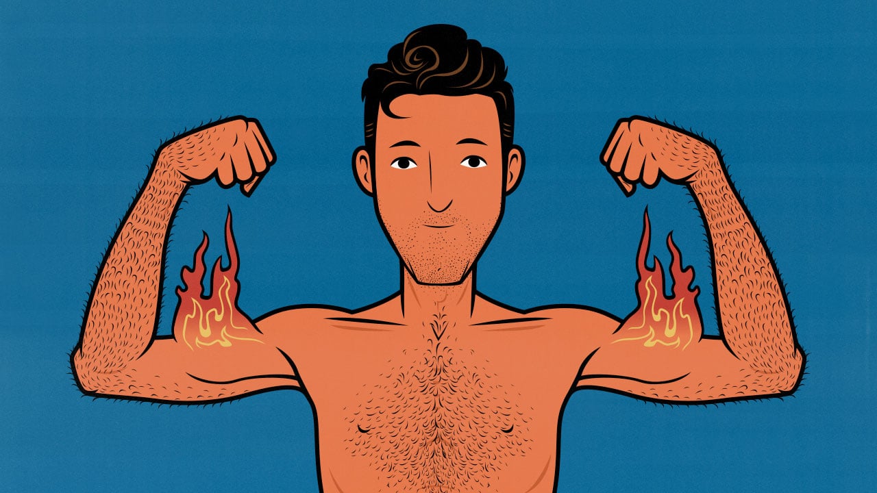 Illustration of a skinny guy with a fast metabolism flexing his burning biceps.