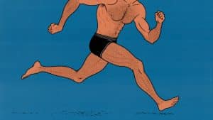 Illustration of a bodybuilder doing cardio after lifting weights.