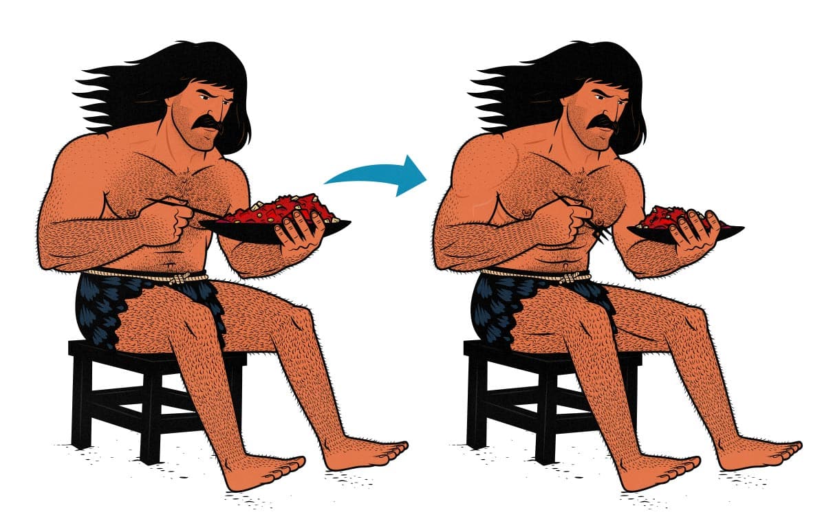 Illustration of a weight lifter eating less food after he finishes bulking.