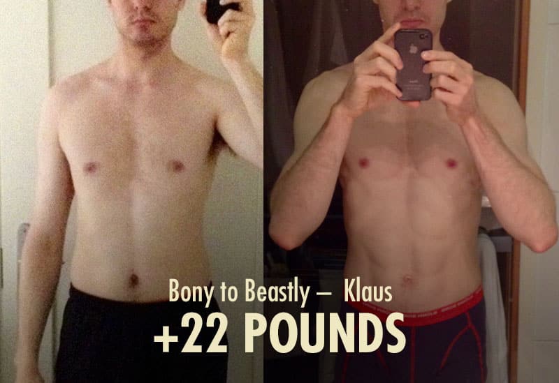 Before and after photo showing Klaus' bulking and cutting transformation with the Bony to Beastly Program.