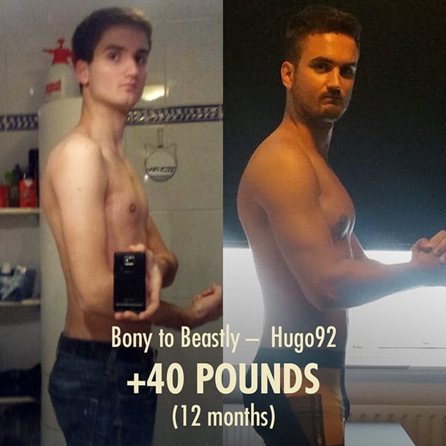 Before and after photo showing Hugo's bulking and cutting results from doing the Bony to Beastly Program.