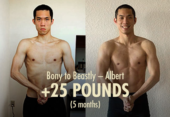 Before and after photos of Albert gaining 25 pounds with 5 months of bulking.