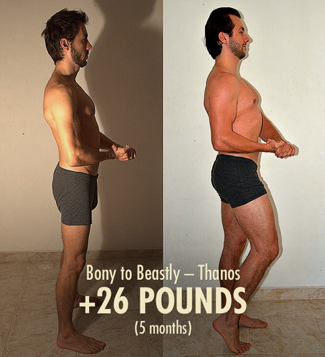 Before and after photos of Thanos' bulking results from doing the Bony to Beastly Program.