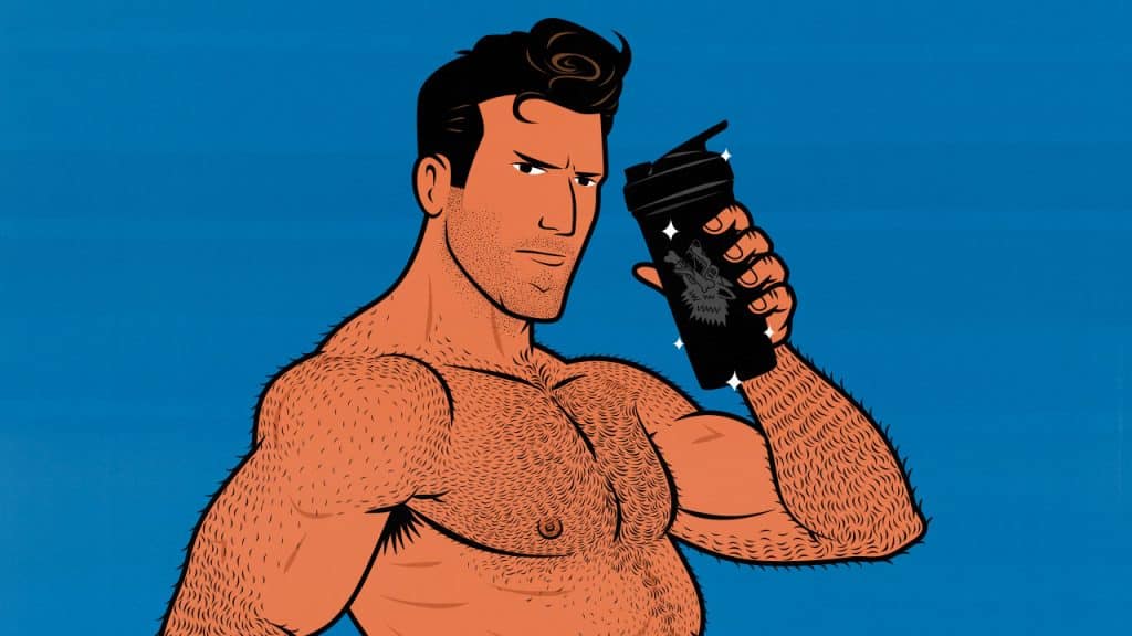 Illustration of a skinny guy drinking a protein shake to build muscle and bulk up.