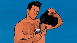 Illustration of a bodybuilder pouring a high-calorie bulking smoothie into a glass.