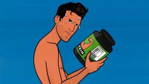 Illustration of a skinny guy worried that he's having too much whey protein powder.