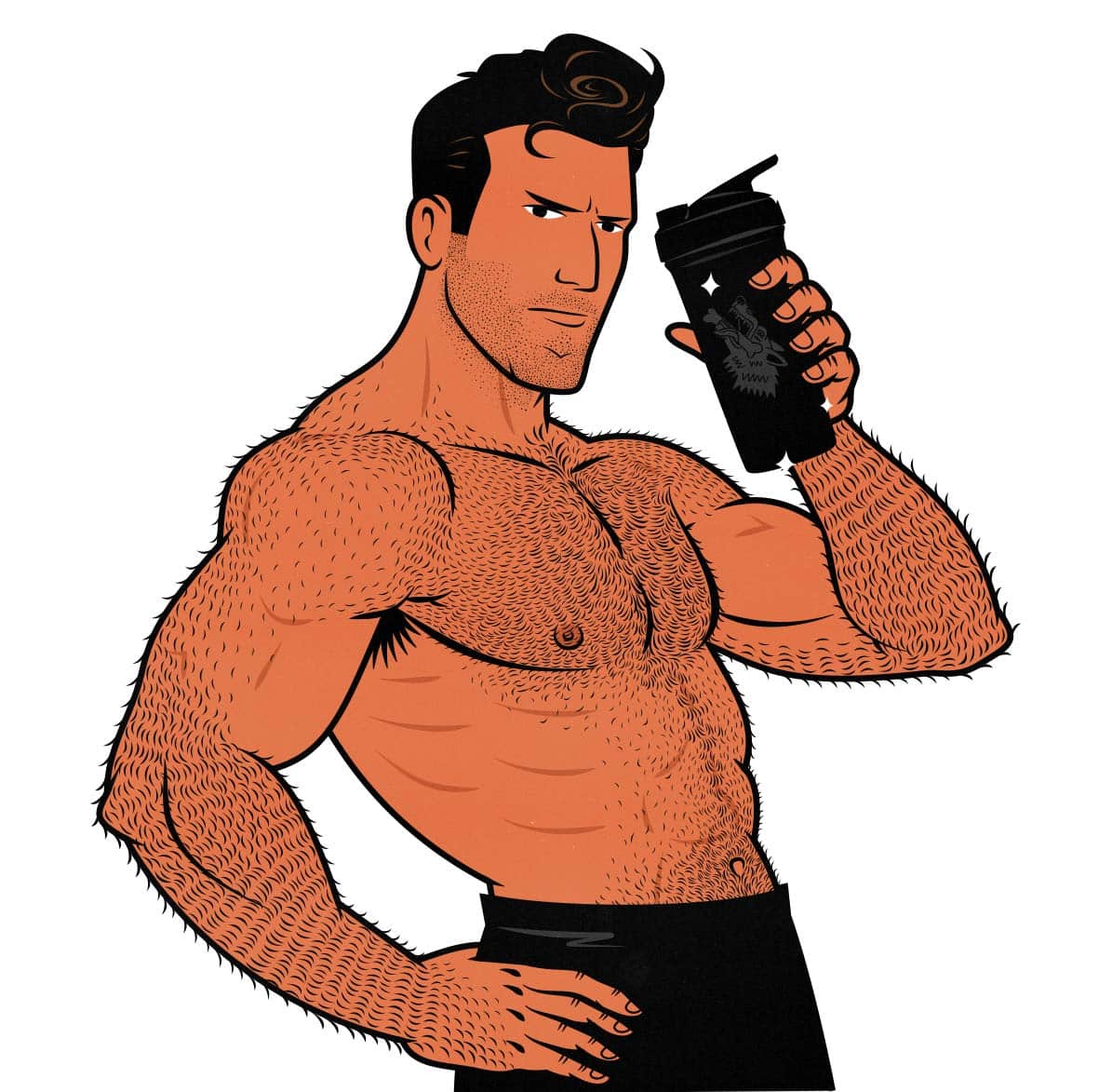 Illustration of a bodybuilder drinking whey protein shakes to build muscle and bulk up.