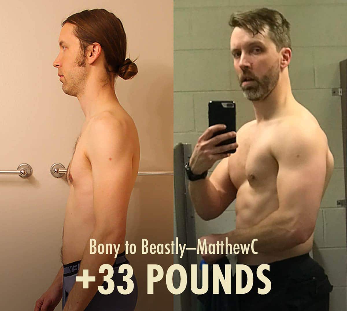 Before and after photo of a skinny guy bulking up and building muscel with the Bony to Beastly Program.