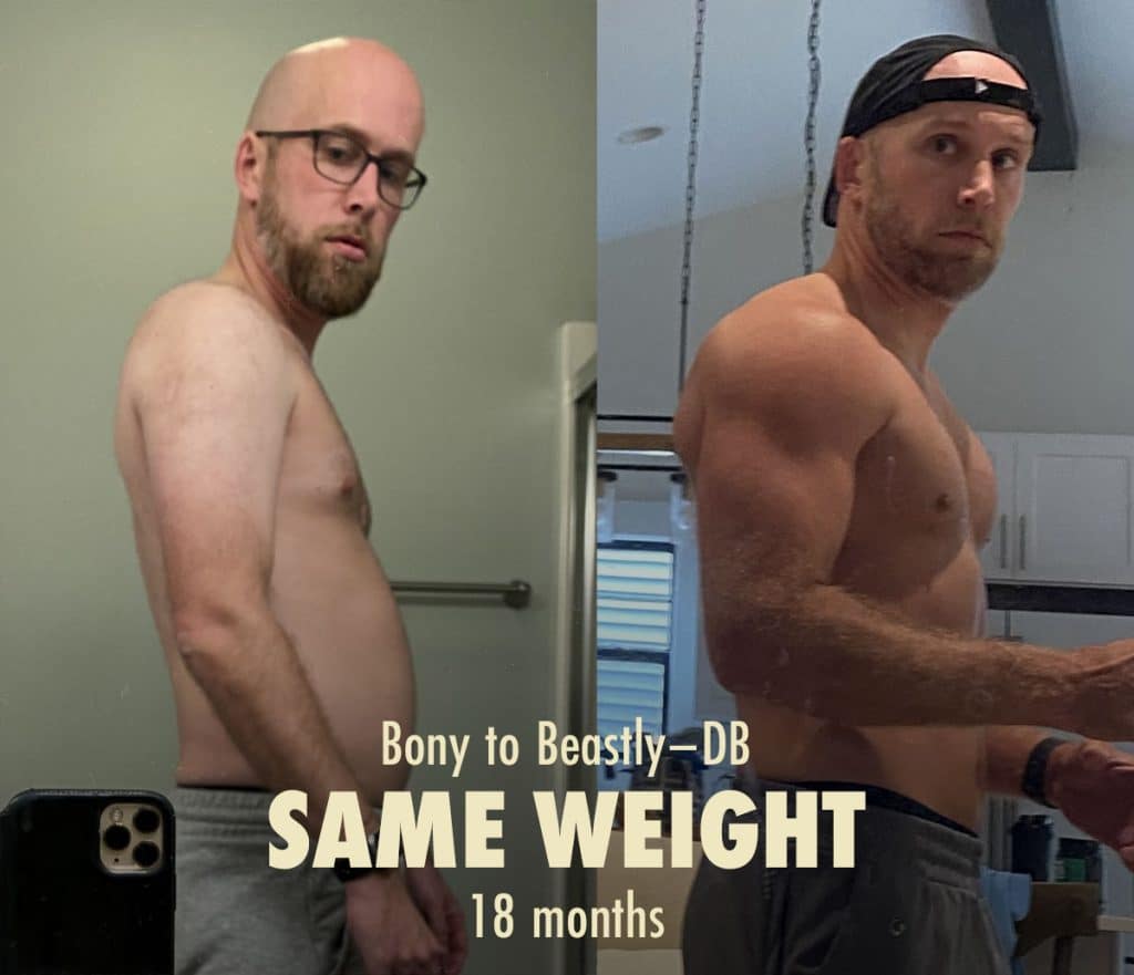 Before and after photo of body recomposition (losing fat while building muscle at the same time).