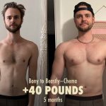 Before and after photos of a skinny guy gaining 40 pounds of muscle.