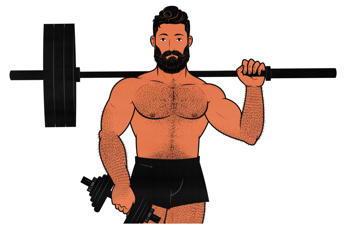 Illustration of weight lifter holding a barbell and dumbbell.