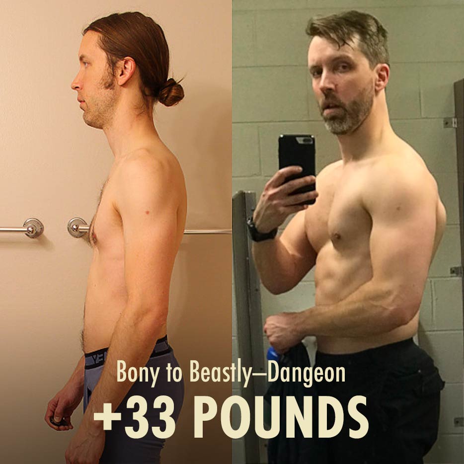 Before and after photos showing the results of a skinny guy building muscle and bulking up.