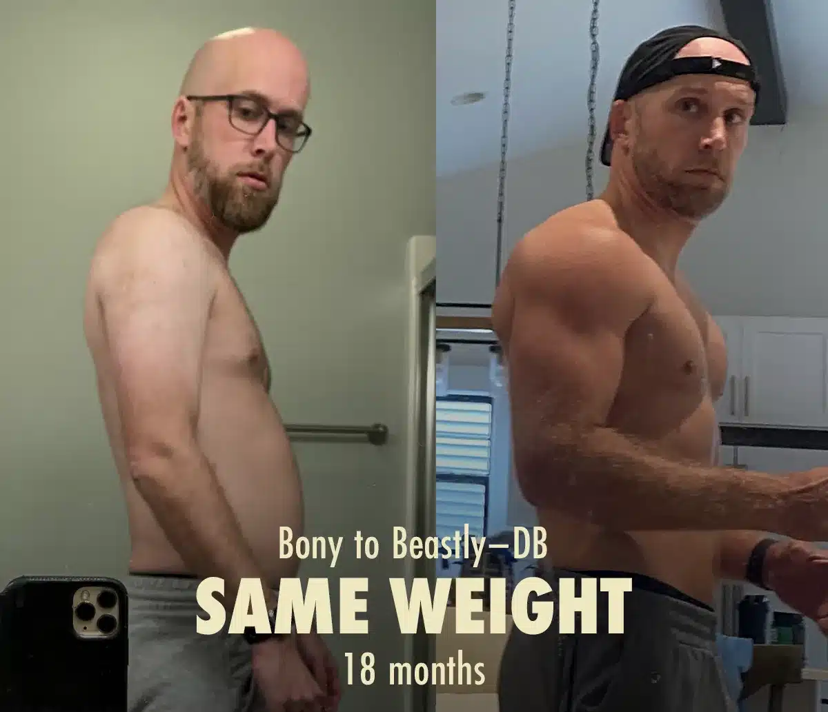Before-and-after photo showing a man's skinny fat to muscular transformation.