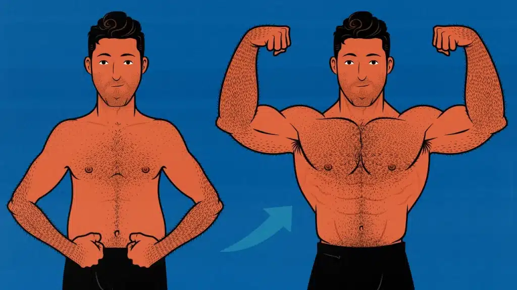 Illustration of a skinny fat guy working out and dieting to build muscle, lose fat, and achieve body recomposition.