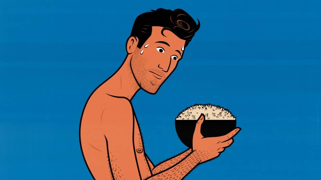 Illustration of a skinny beginner bodybuilder eating a bowl of carbs to build muscle.