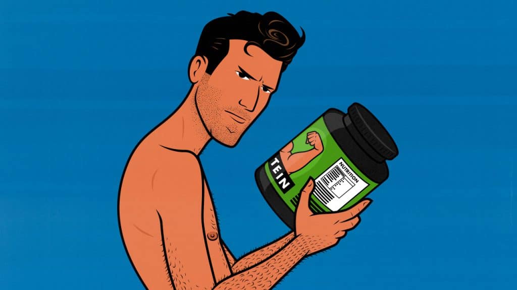 Illustration of a skinny guy holding a tub of protein powder while bulking.