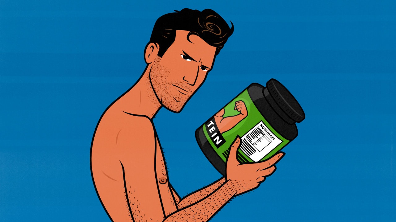 Illustration of a skinny guy holding a tub of protein powder while bulking.