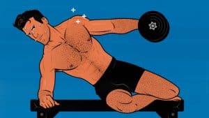 Illustration showing a bodybuilder doing optimized lateral raises to build bigger side delts.
