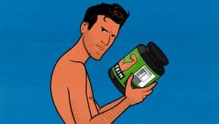 Illustration of a skinny bodybuilder staring at a tub of whey protein, wondering how much protein he should eat at breakfast.