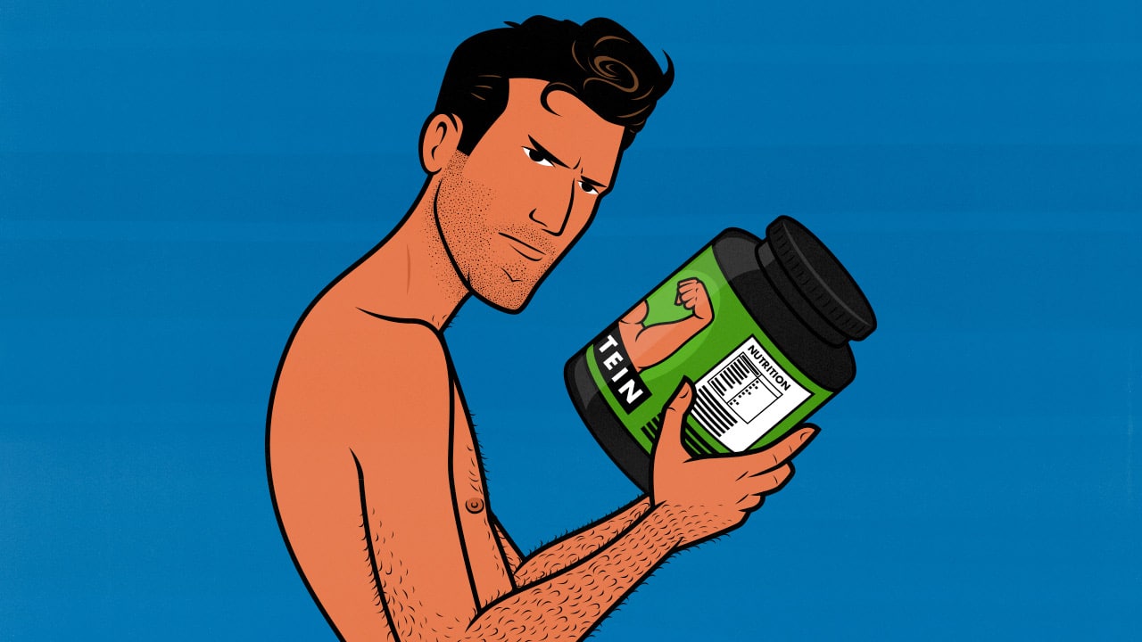 Illustration of a skinny bodybuilder staring at a tub of whey protein, wondering how much protein he should eat at breakfast.