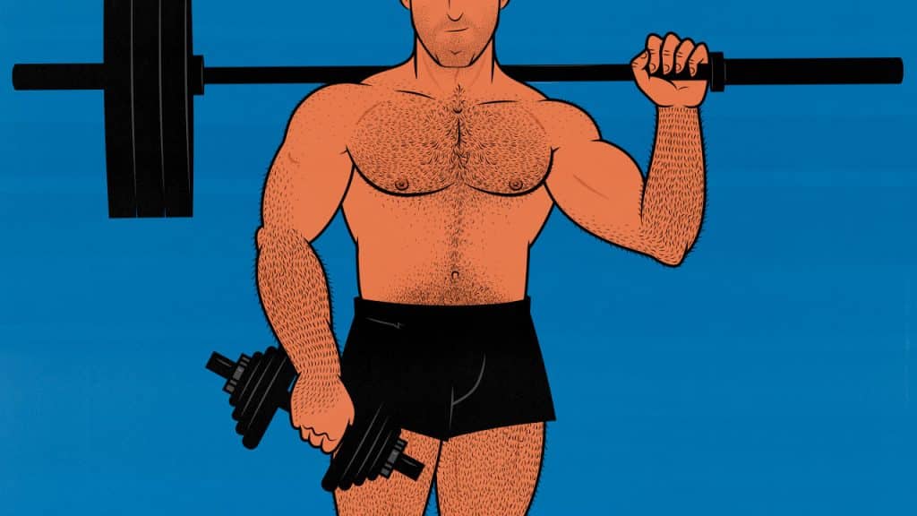 Illustration of a bodybuilder holding a heavy barbell and a light dumbbell.