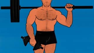 Illustration of a bodybuilder holding a heavy barbell and a light dumbbell.