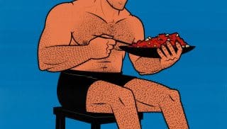 Illustration of a bodybuilder eating a bulking meal to build muscle.