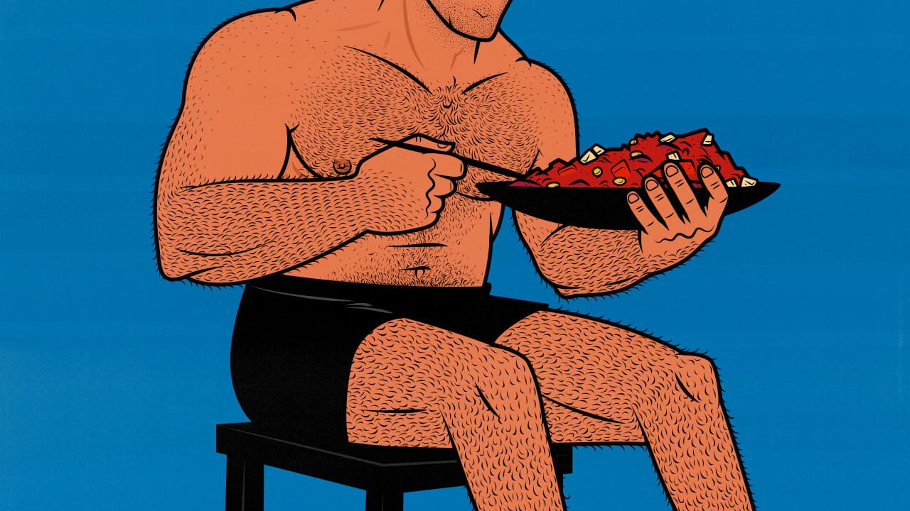 Illustration of a bodybuilder eating a bulking meal to build muscle.