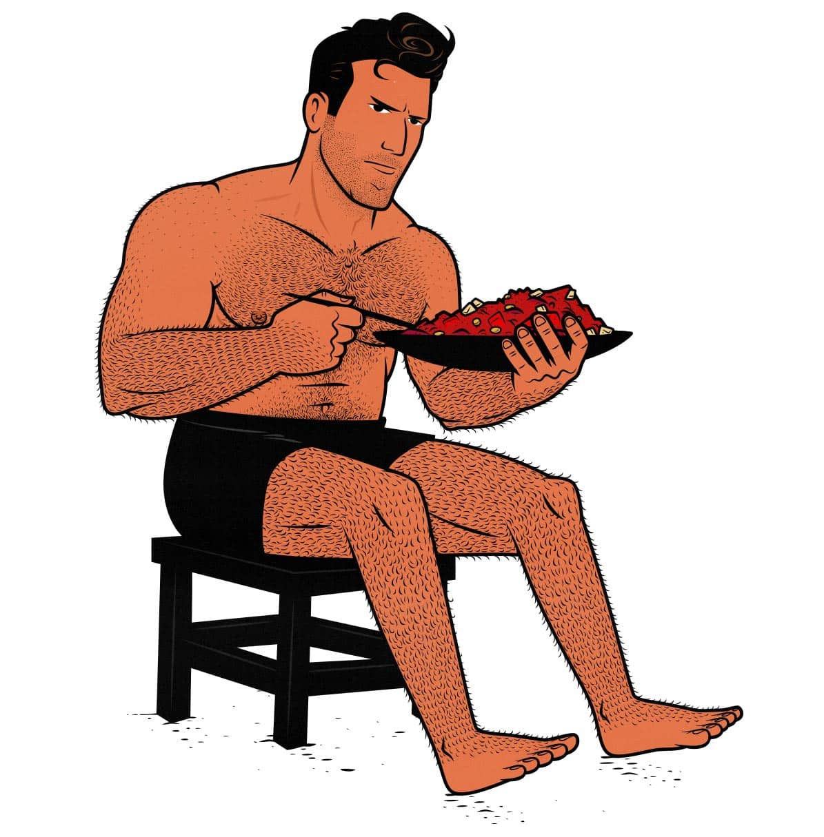Illustration of a skinny guy bulking up by eating reheated chili from his meal prep on Sunday.