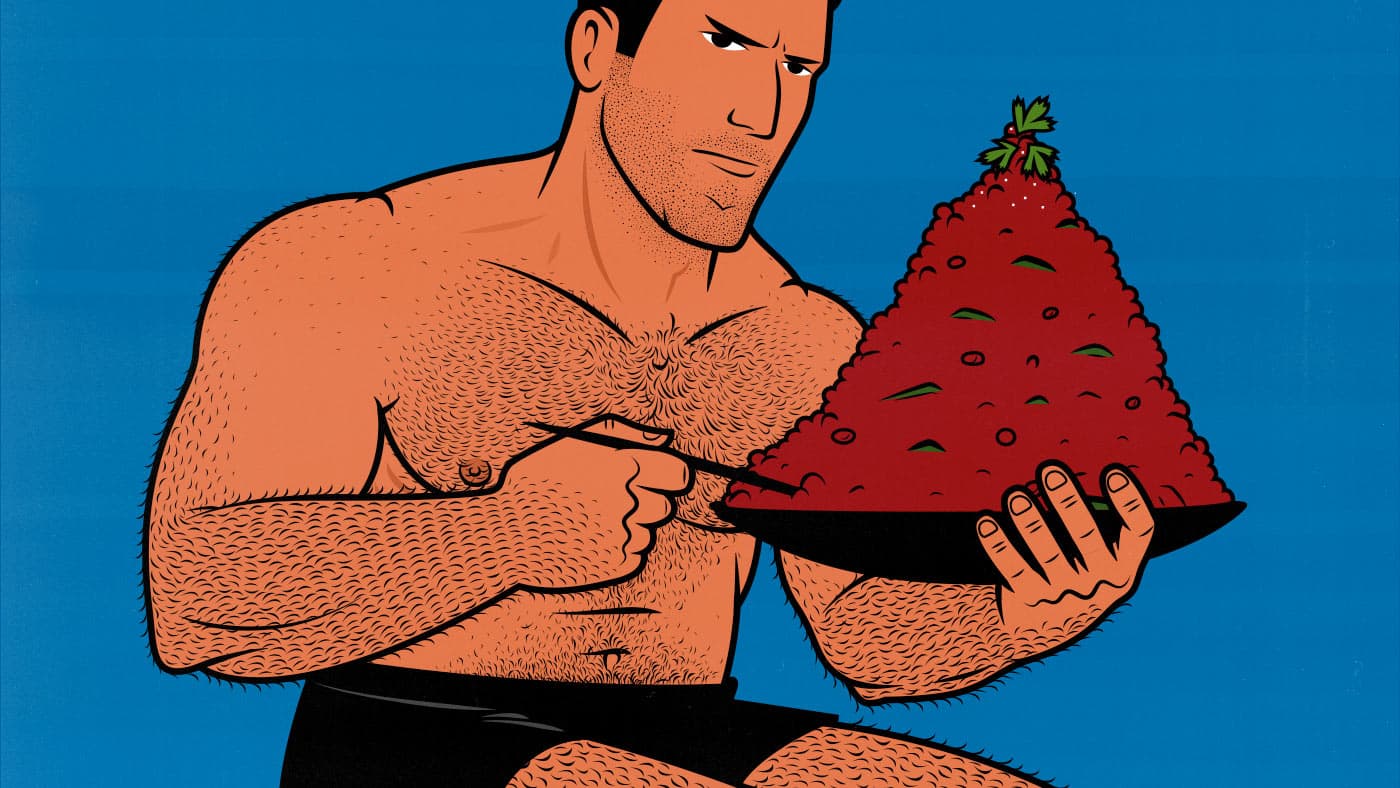 Illustration of a vegan bodybuilding eating a high-calorie plant-based bulking diet.