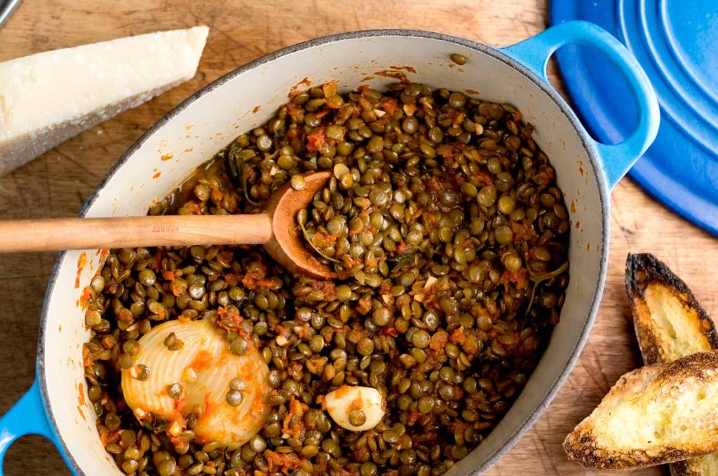Photo of a high-calorie vegan lentil stew used for bulking up and building muscle.