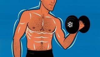 Illustration of a skinny bodybuilding building more muscle by training his muscles more often.